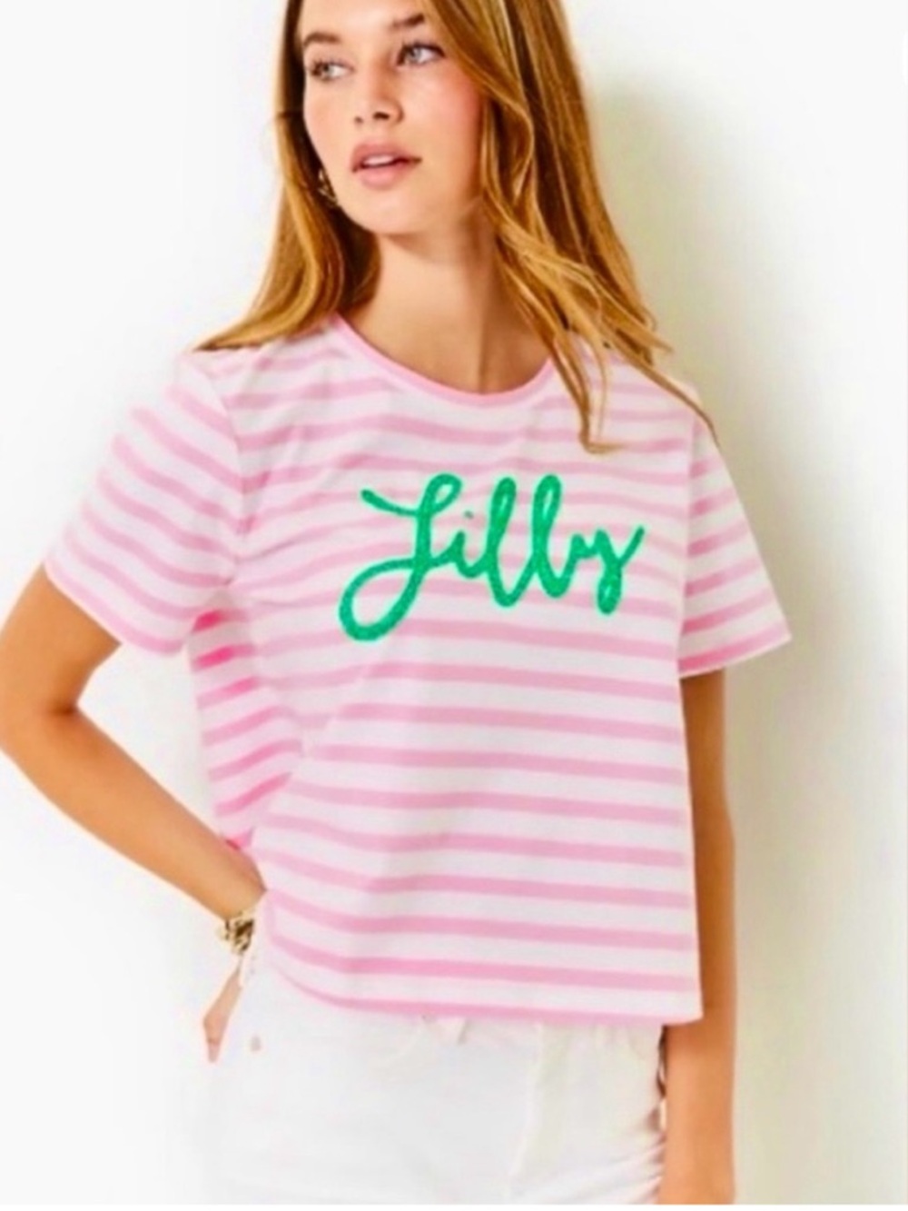 Lilly Pulitzer Pink & Green Striped Logo Short Sleeve Tee